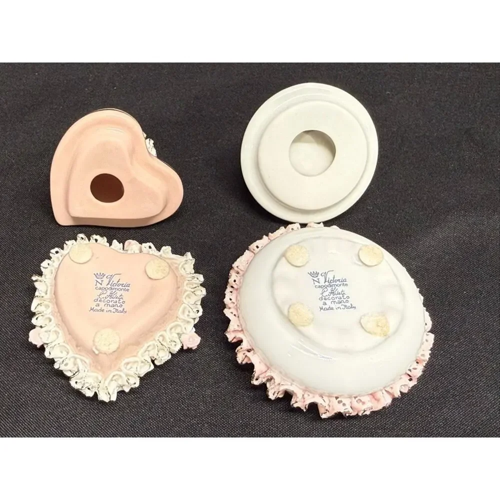 Set of 2 capodimonte porcelain trinket/jewelry boxes pink flowers heart Italy